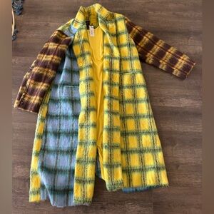 NASTY GAL (never been worn) Plaid Fuzzy Long Coat in Yellow, Green & Brown